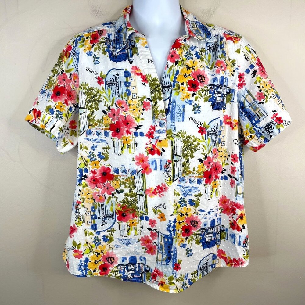 Vintage Floral Camp Shirt Top‎ 1X Colorful Crisp Italian Scenic Print Button Up